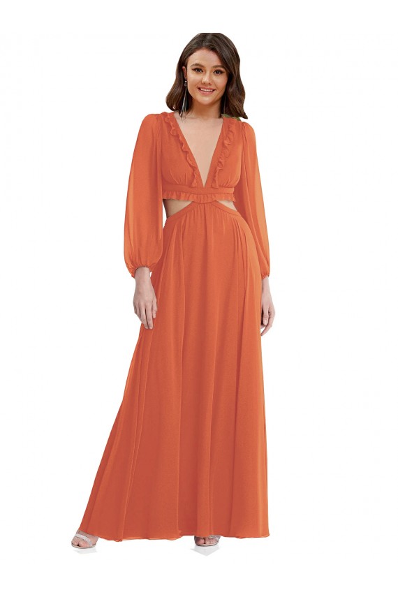 Purchase Soft Chiffon A-Line Long Long Sleeves Open Back High Low Evening Dress