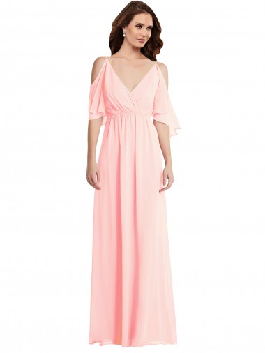 Purchase Soft Chiffon A-Line Long Cold Shoulder V-Back Semi Formal Evening Dress