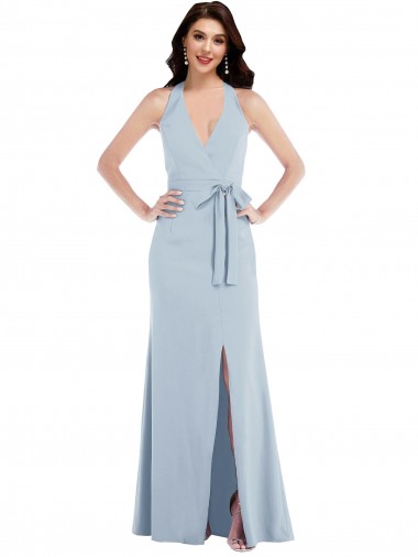 Purchase Stretch Crepe A-Line Long Sleeveless Halter Neck Open Back Prom Dresses
