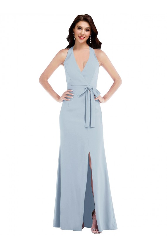 Purchase Stretch Crepe A-Line Long Sleeveless Halter Neck Open Back Prom Dresses
