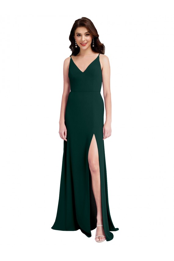 Purchase Stretch Crepe A-Line Long Sleeveless V-Back Side Slit Prom Dresses
