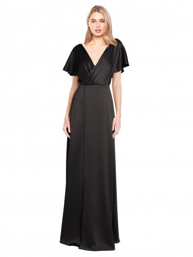 Purchase Stretch Satin A-Line Long Cap Sleeves Open Back Evening Dress