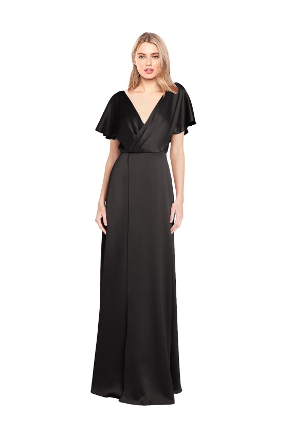 Purchase Stretch Satin A-Line Long Cap Sleeves Open Back Evening Dress