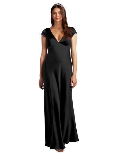 Purchase Stretch Satin A-Line Long Cap Sleeves Keyhole Back Formal Evening Dress