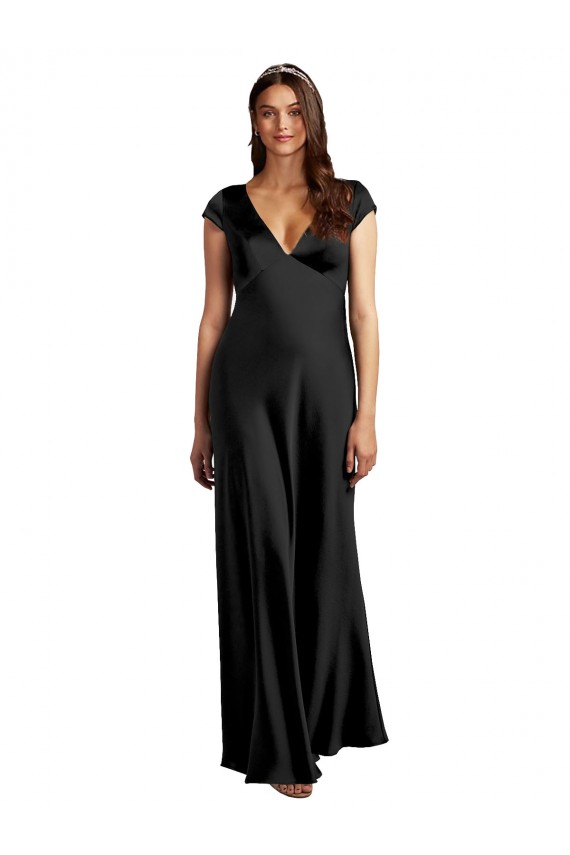 Purchase Stretch Satin A-Line Long Cap Sleeves Keyhole Back Formal Evening Dress