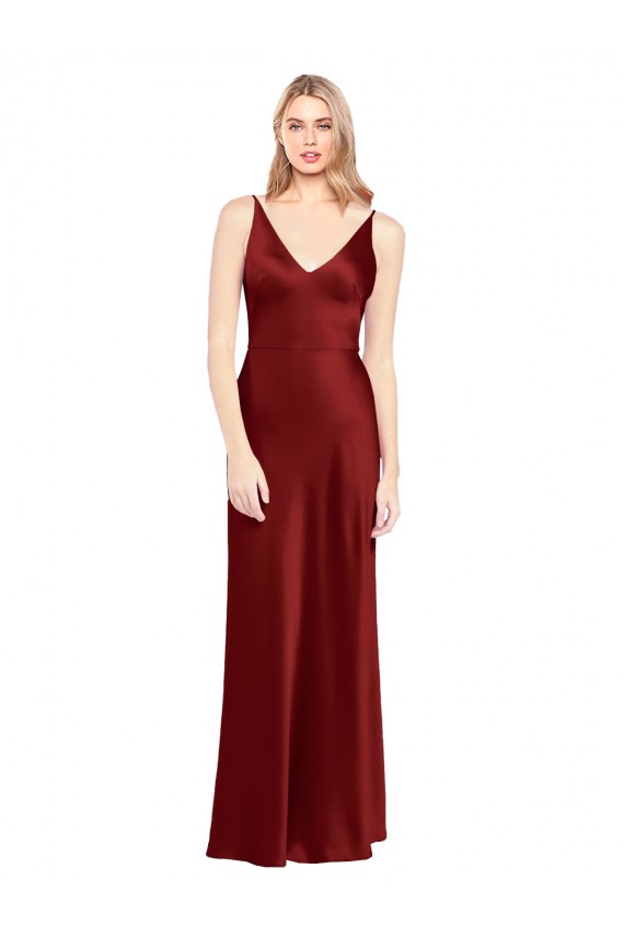 Purchase Stretch Satin A-Line Long Sleeveless V-Back Burgundy Prom Dresses