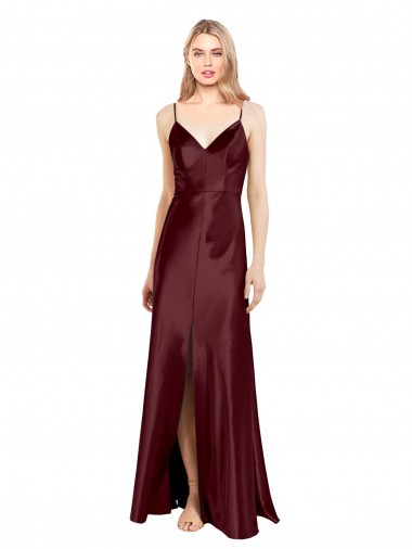 Purchase Stretch Satin A-Line Long Sleeveless Center Front Slit Prom Dresses