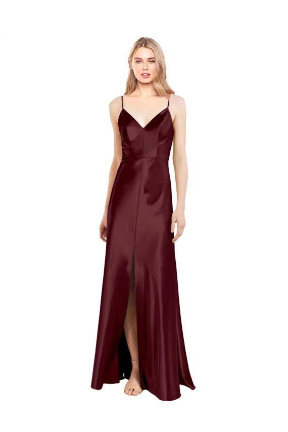 Purchase Stretch Satin A-Line Long Sleeveless Center Front Slit Prom Dresses