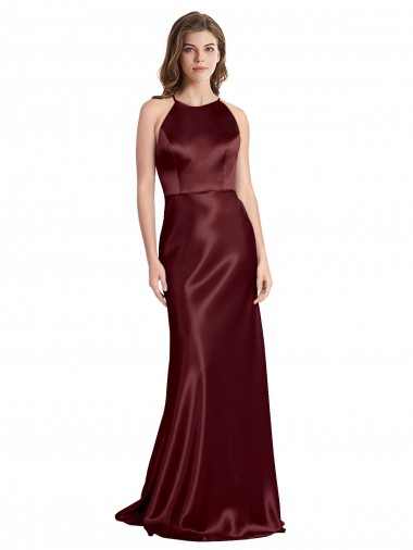 Purchase Stretch Satin A-Line Long Sleeveless Burgundy Gold Prom Dresses