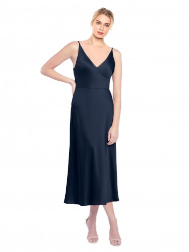 Purchase Stretch Satin A-Line Midi Length Sleeveless V-Back Formal Evening Dress