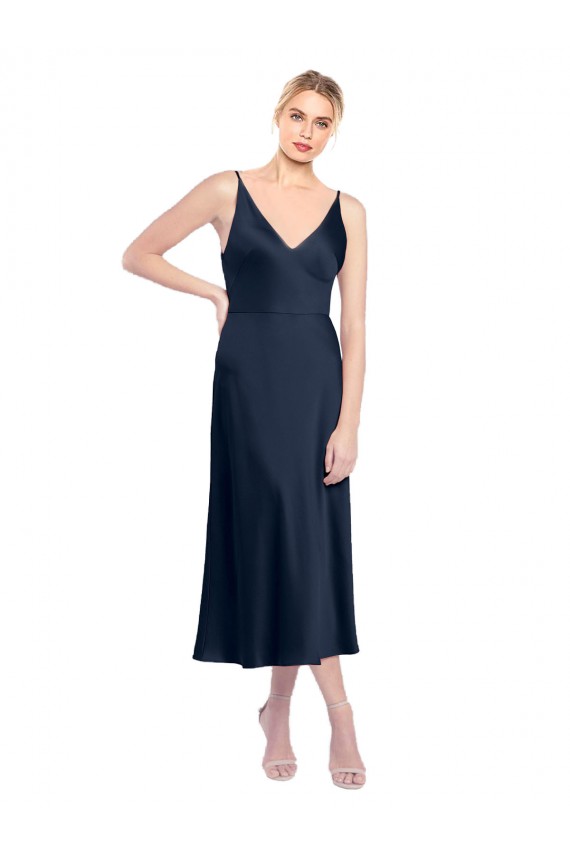 Purchase Stretch Satin A-Line Midi Length Sleeveless V-Back Formal Evening Dress