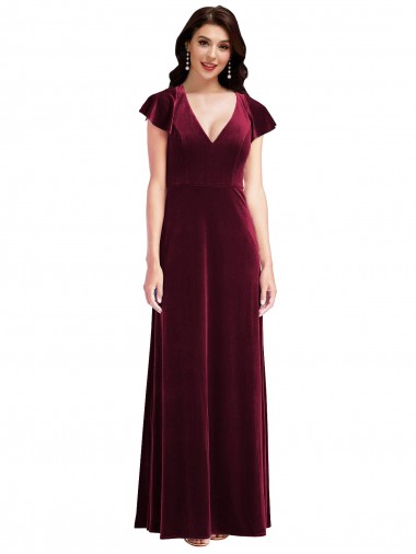 Purchase Stretch Velvet A-Line Long Flutter Sleeves Semi Formal Evening Dress