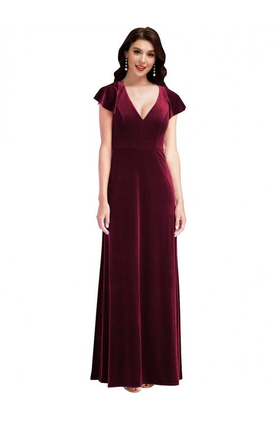 Purchase Stretch Velvet A-Line Long Flutter Sleeves Semi Formal Evening Dress