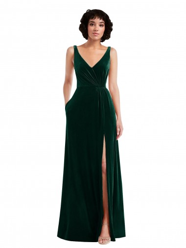 Purchase Stretch Velvet A-Line Long Sleeveless V-Back Front Slit Prom Dresses
