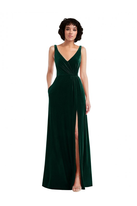 Purchase Stretch Velvet A-Line Long Sleeveless V-Back Front Slit Prom Dresses