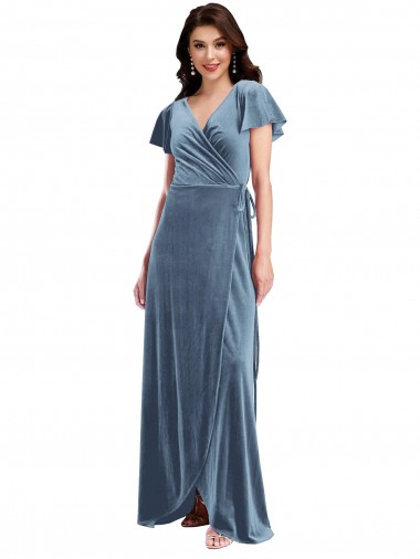 Purchase Stretch Velvet A-Line Long Flutter Sleeves Black Tie Evening Dress