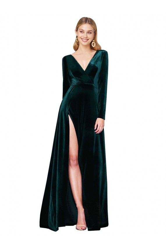 Purchase Stretch Velvet A-Line Sweep Train Long Sleeves Black Tie Evening Dress