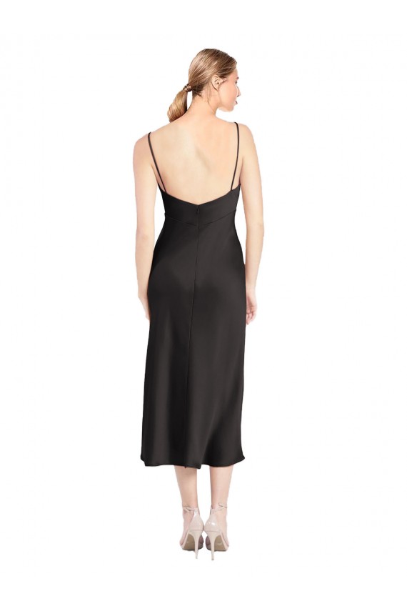 Purchase Stretch Satin A-Line Midi Length Sleeveless Low Back Black Prom Dresses