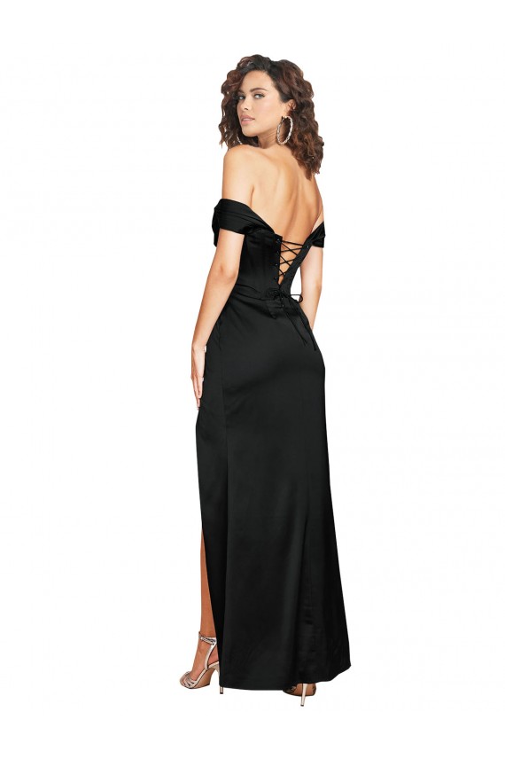 Purchase Silky Satin A-Line Long Sleeveless Low Back Black Prom Dresses