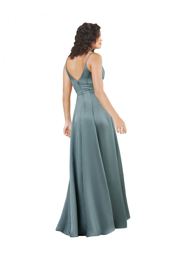 Purchase Silky Satin A-Line Long Sleeveless V-Back Black Prom Dresses