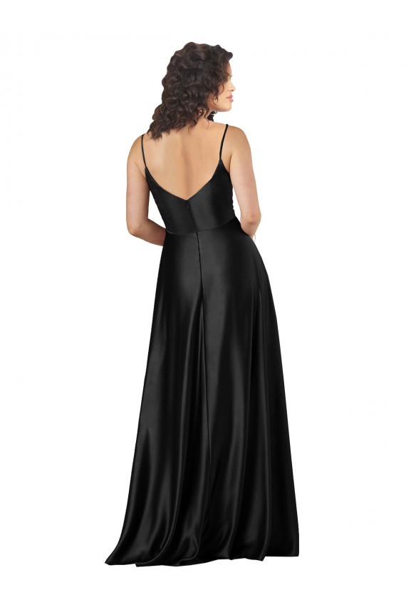 Purchase Silky Satin A-Line Long Sleeveless V-Neck Low Back Prom Dresses