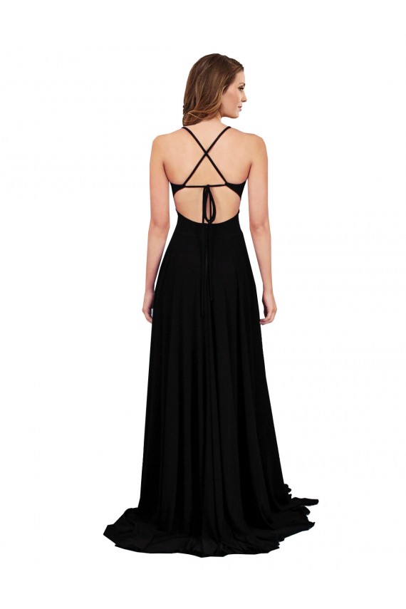 Purchase Spandex A-Line Long Sleeveless Open Back Black Tie Evening Dress