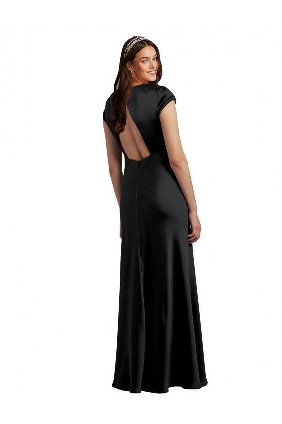Purchase Stretch Satin A-Line Long Cap Sleeves Keyhole Back Formal Evening Dress