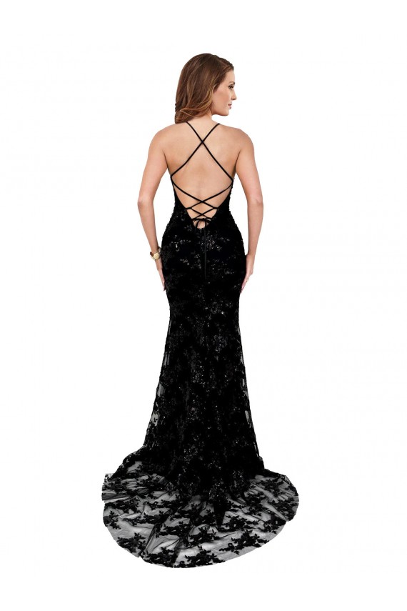 Purchase Lace Mermaid Long Sleeveless Open Back High Slit Prom Dresses