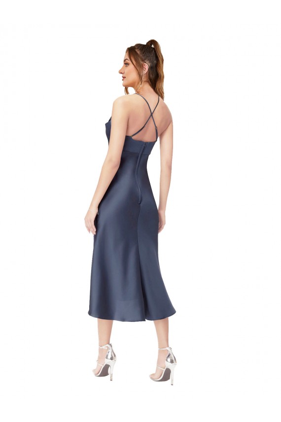 Purchase Silky Satin Sheath Midi Length Sleeveless Criss Cross Back High Low Evening Dress