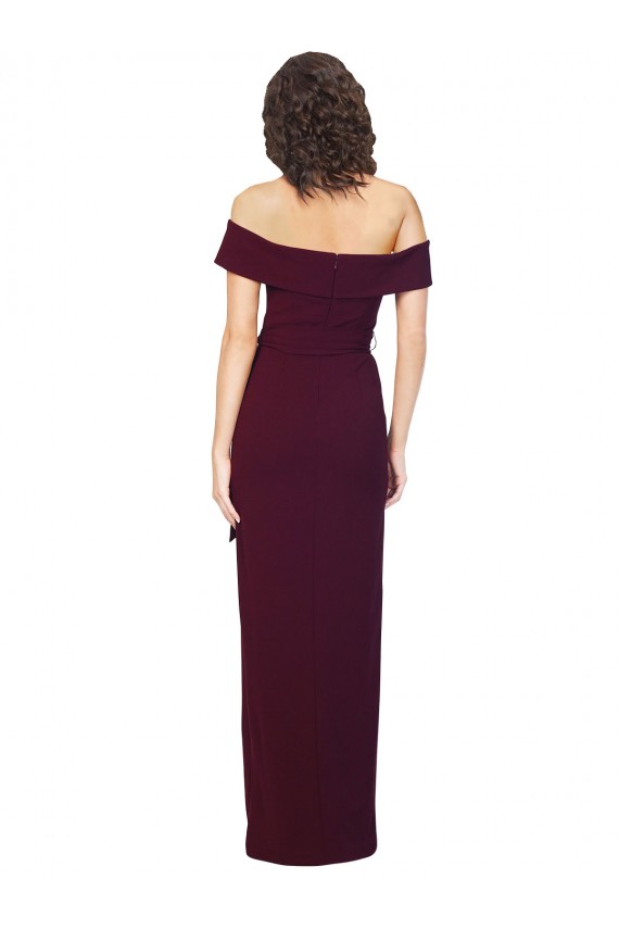 Purchase Stretch Crepe Sheath Long Sleeveless Low Back Burgundy Gold Prom Dresses