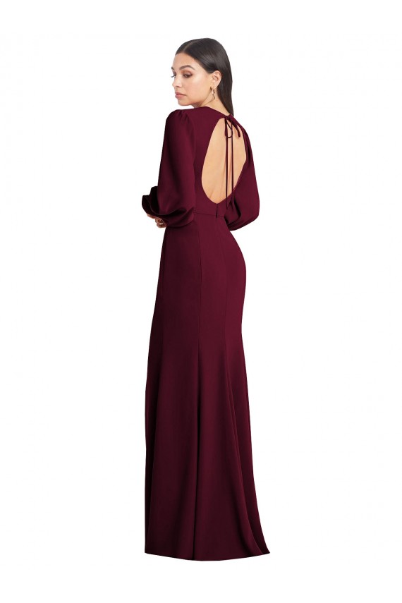 Purchase Stretch Crepe Trumpet Long Puff Sleeves Open Back Formal Dress