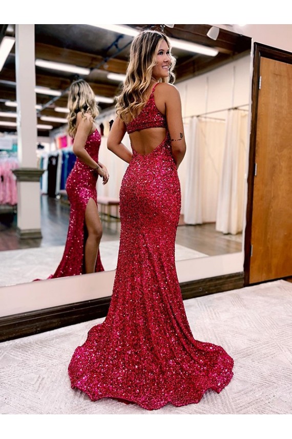 Purchase Velvet Sequin Mermaid Sweep Train Sleeveless High Slit Evening Dress