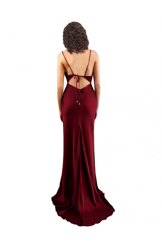 Purchase Silky Satin Sheath Long Sleeveless Criss Cross Open Back Burgundy Prom Dresses