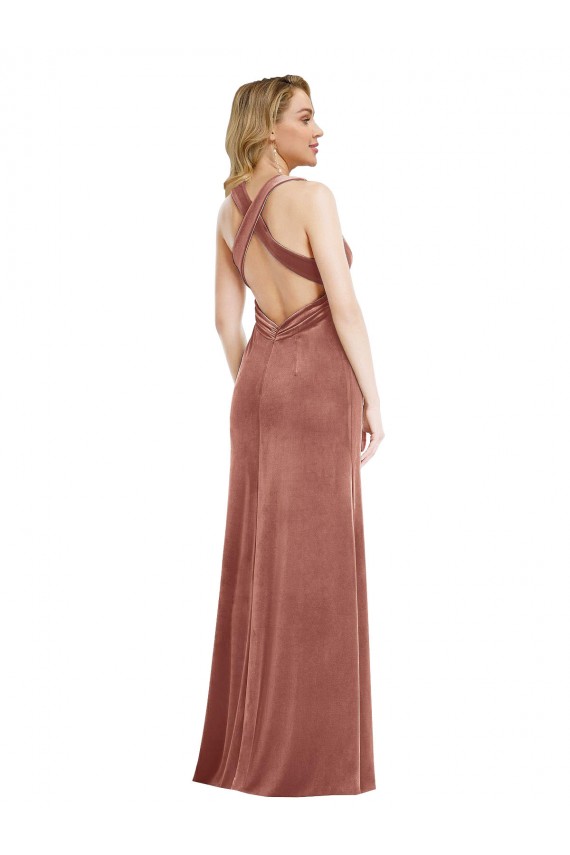 Purchase Stretch Velvet A-Line Long Sleeveless Criss Cross Open Back Evening Dress