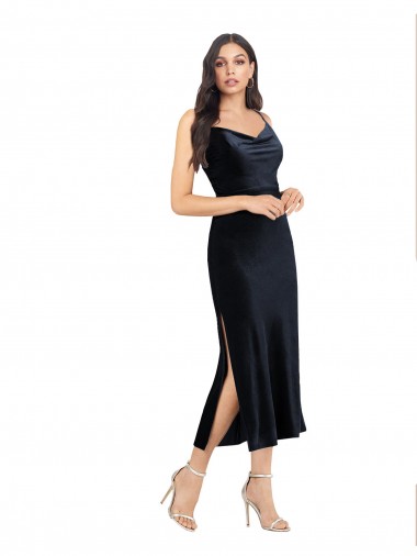 Purchase Stretch Velvet Column Midi Length Sleeveless Low Back Formal Evening Dress