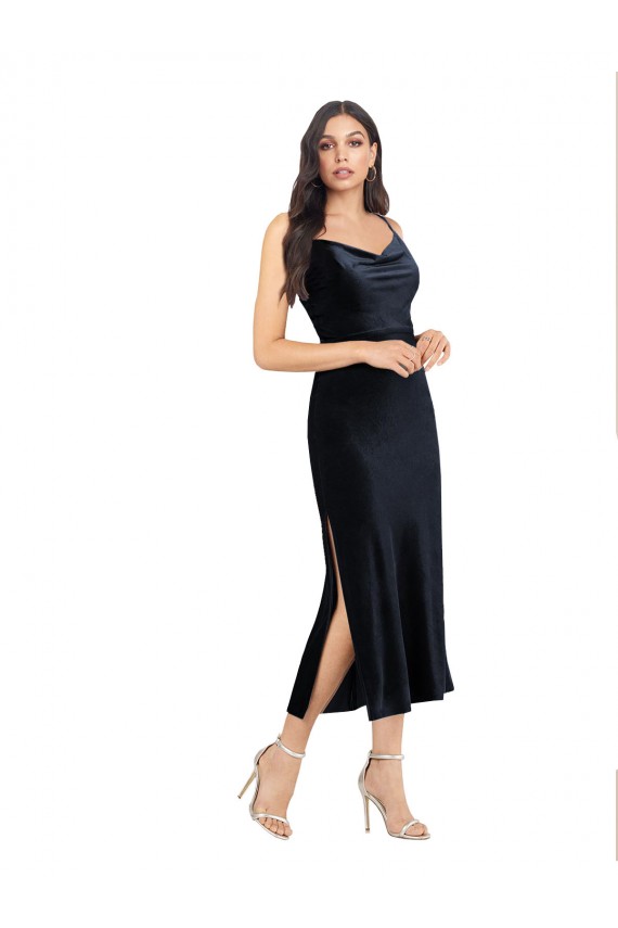 Purchase Stretch Velvet Column Midi Length Sleeveless Low Back Formal Evening Dress