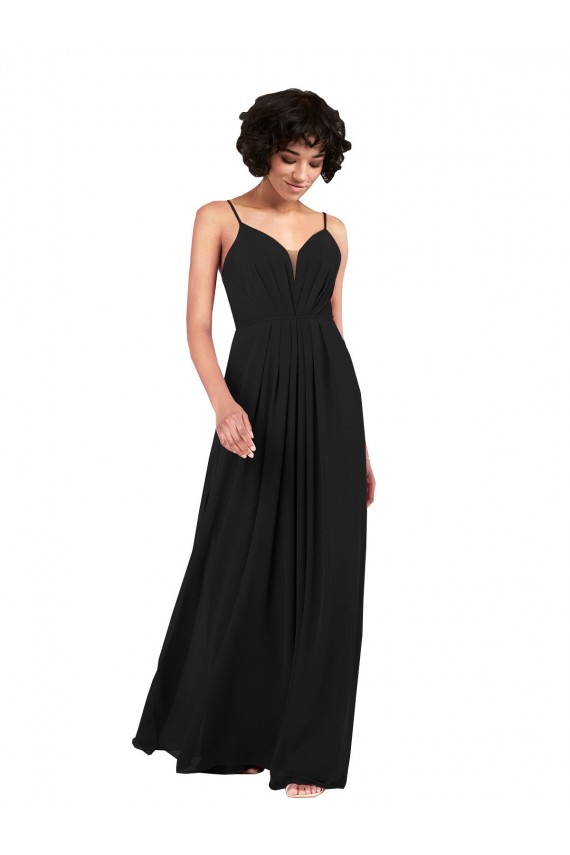 Purchase Soft Chiffon Column Long Sleeveless Criss Cross Open Back Black Evening Dresses