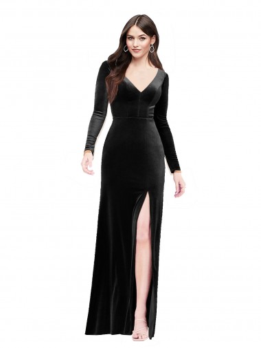 Purchase Stretch Velvet Column Long Long Sleeves V-Back Formal Evening Dress