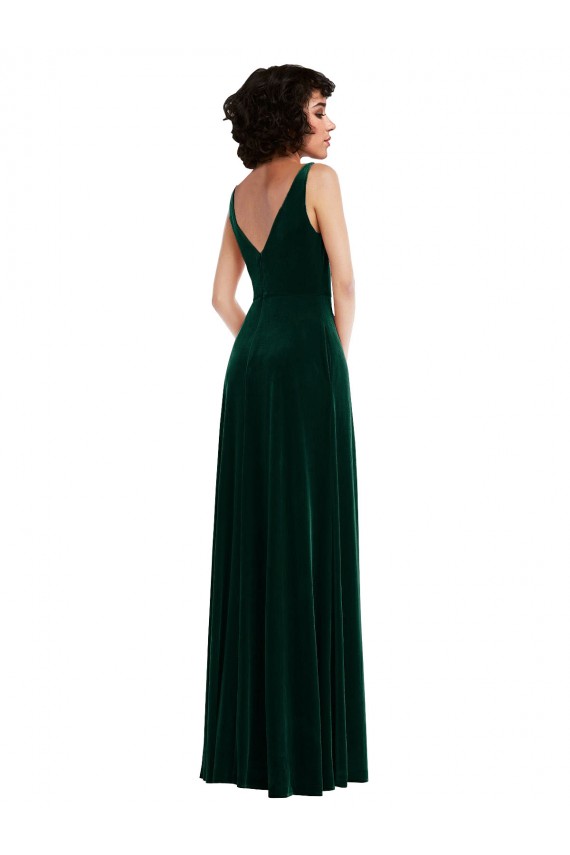 Purchase Stretch Velvet A-Line Long Sleeveless V-Back Front Slit Prom Dresses