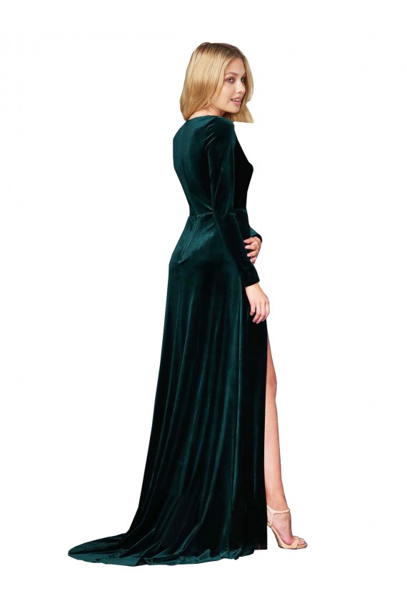 Purchase Stretch Velvet A-Line Sweep Train Long Sleeves Black Tie Evening Dress