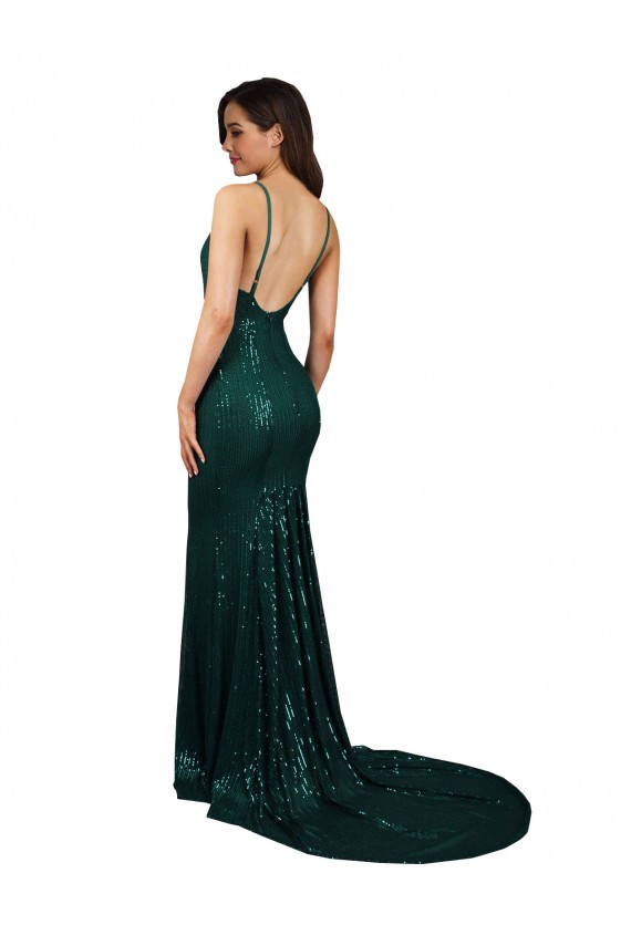 Purchase Sequin Mermaid Long Sleeveless Low Back Dark Green Prom Dresses