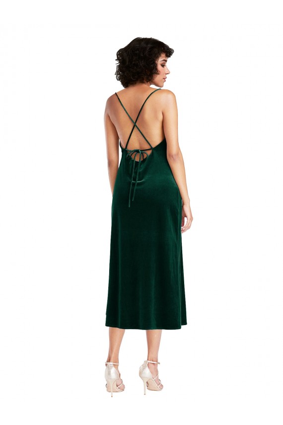Purchase Stretch Velvet Sheath Midi Length Sleeveless Criss Cross Open Back Black Tie Evening Dress