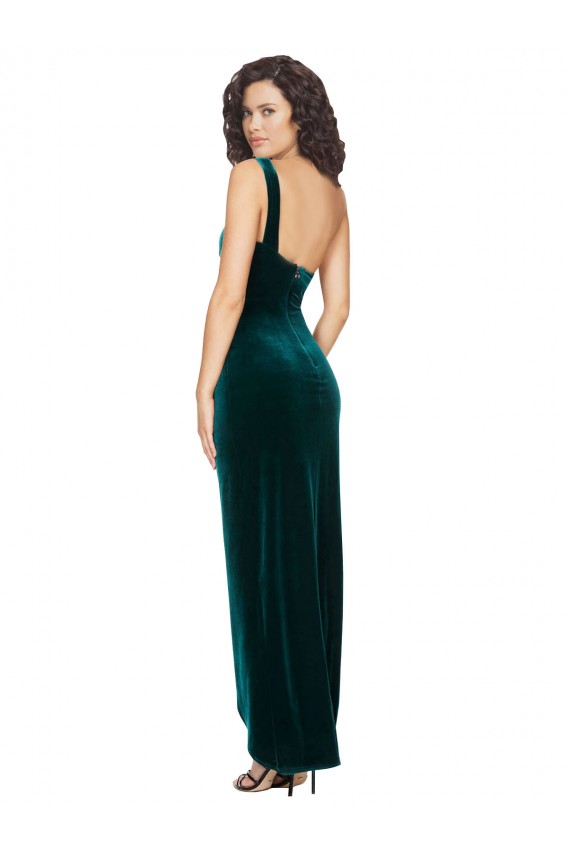 Purchase Stretch Velvet Sheath Long Sleeveless Low Back High Low Evening Dress