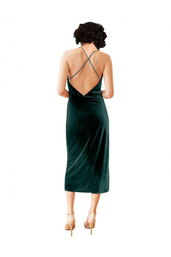 Purchase Stretch Velvet Sheath Midi Length Sleeveless Criss Cross Open Back Formal Dress