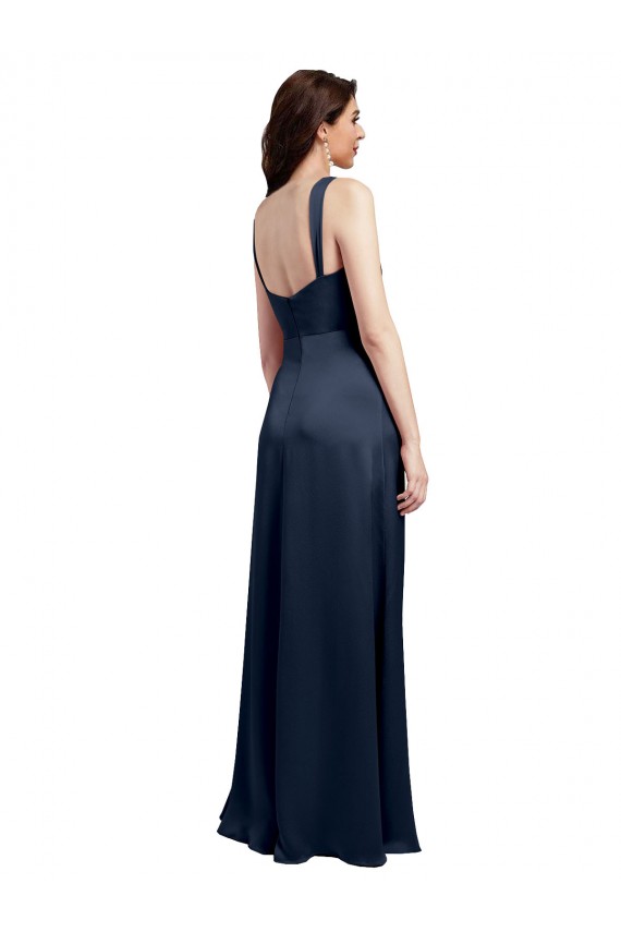 Purchase Stretch Satin A-Line Long Sleeveless Low Back Side Slit Prom Dresses