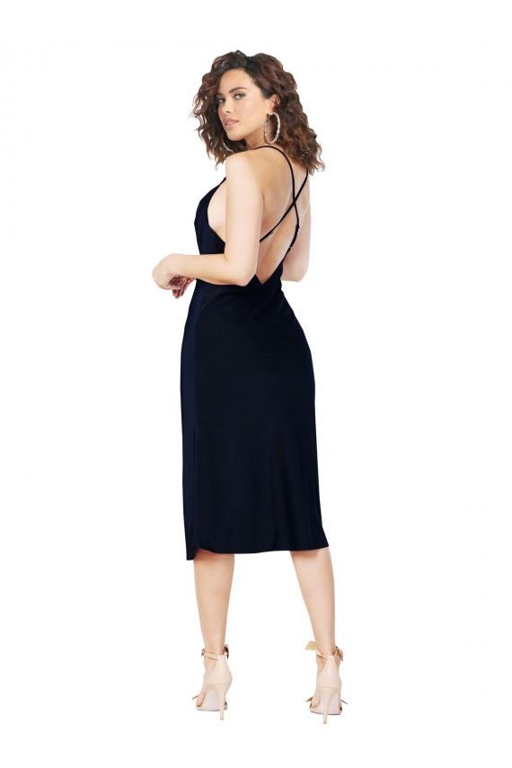 Purchase Silky Satin A-Line Midi Length Sleeveless Criss Cross Open Back Formal Evening Dress