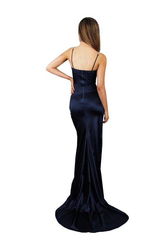 Purchase Stretch Satin Mermaid Long Sleeveless Dark Navy Prom Dresses