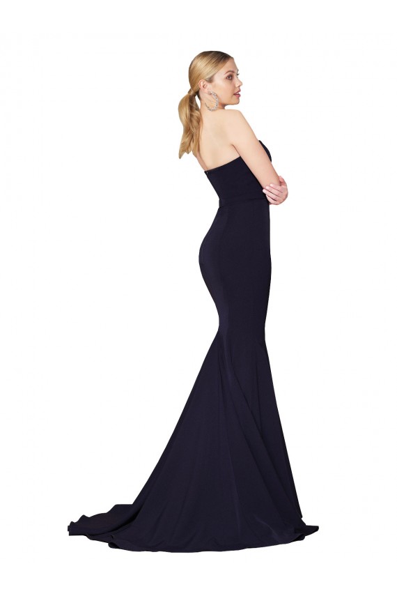 Purchase Stretch Crepe Mermaid Sweep Train Sleeveless Dark Navy Prom Dresses
