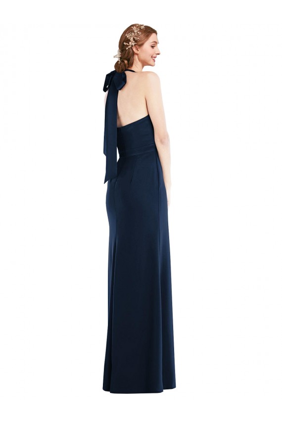Purchase Stretch Crepe Trumpet Long Sleeveless Dark Navy Open Back Semi Formal Evening Dress