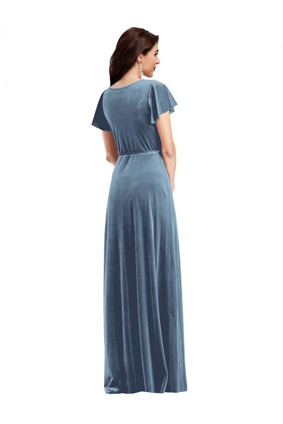 Purchase Stretch Velvet A-Line Long Flutter Sleeves Black Tie Evening Dress